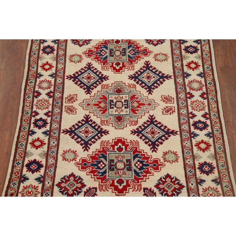 Geometric Ivory Kazak Oriental Accent Rug Handmade Wool Carpet - 3'5" x 4'11"
