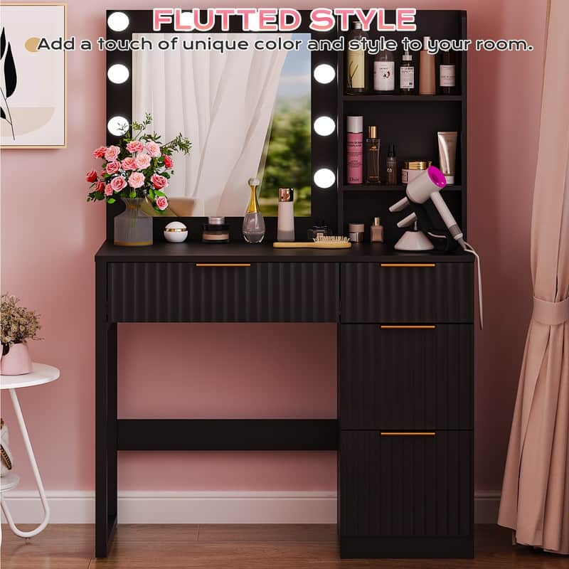 Particle Board Veneered with Textured Melamine 4-drawer 2-shelf with 10 Three-color Dimmable Bulbs Dressing Table - N/A