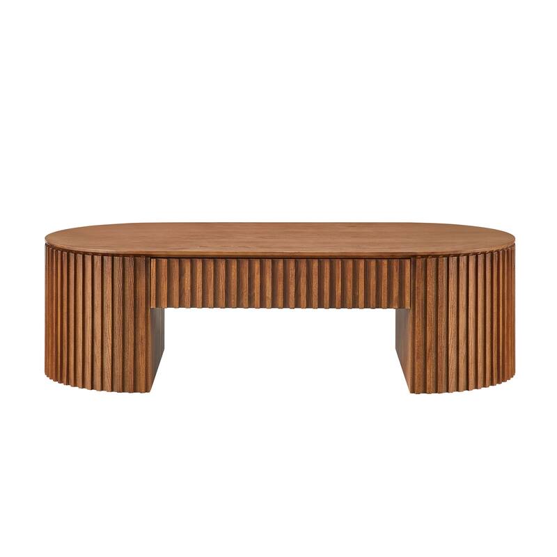 51.18" Mid-Century Modern Oval Wooden Coffee Table with Drawer for Living Room