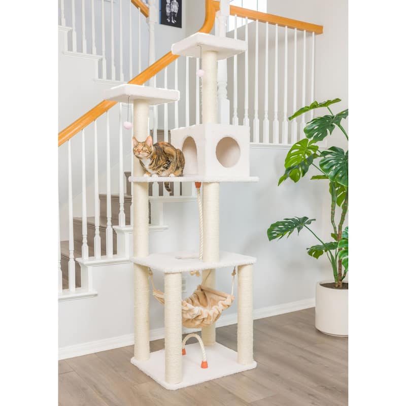 Classic Real Wood Cat Tree In Ivory, Four Levels With Rope Swing - Ivory - Ivory