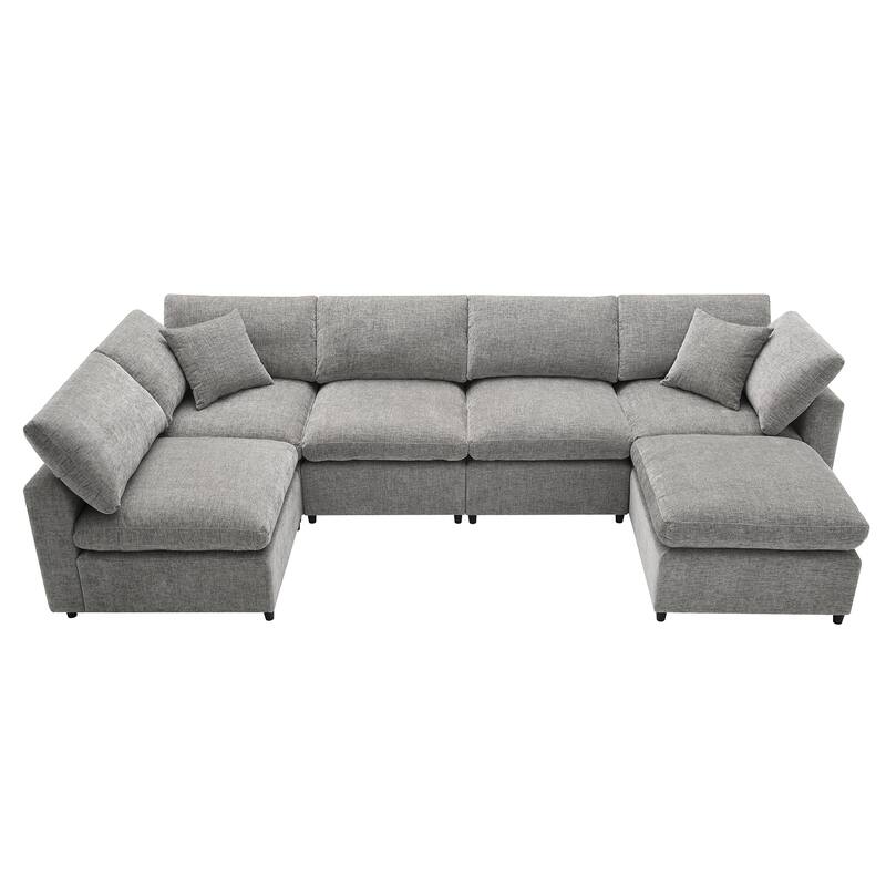 130" Chenille Modular Cloud Sofa with Ottoman, U-Shaped 6-Seater, 330lb Capacity