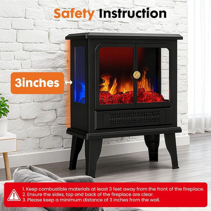 19" Freestanding Electric Fireplace Stove, Fire Place Heater with Realistic Logs and Flame Effect and Overheat Protection