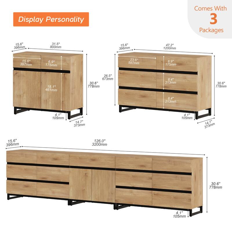 WAMPAT Modern Dresser with Adjustable Shelves, 3 in 1 Chest with Glass Doors and Storage Cabinet for Bedroom