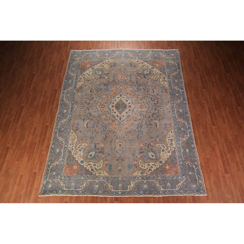 Overdyed Gray Tabriz Persian Vintage Area Rug Handmade Wool Carpet - 9'8" x 12'7"