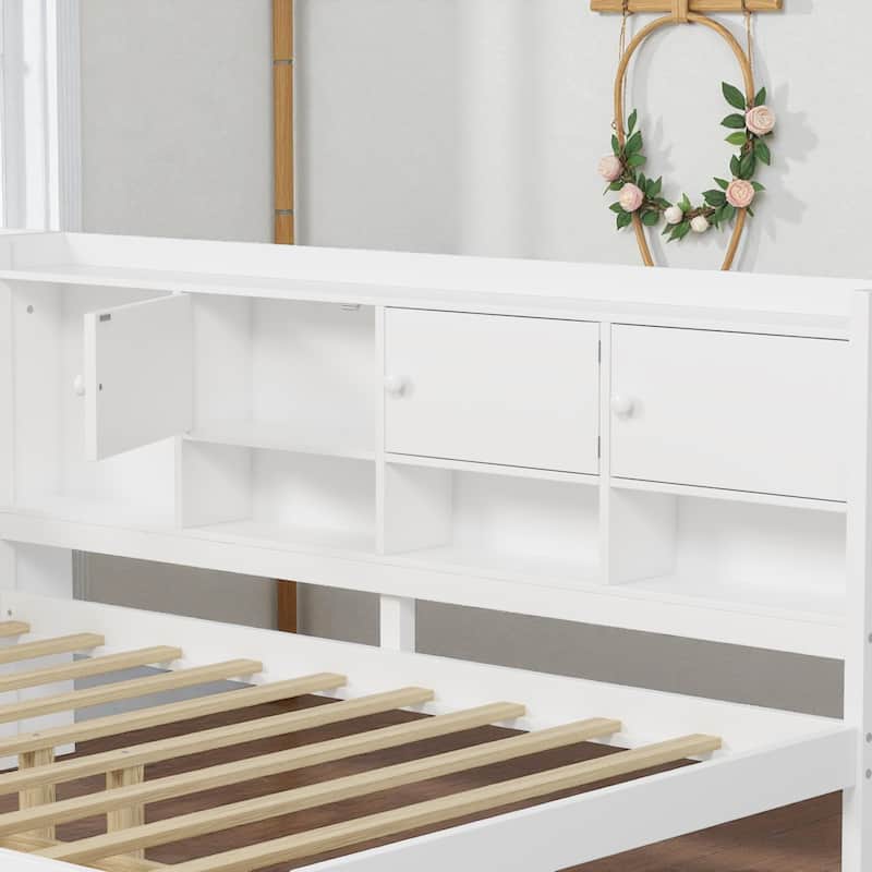 Wooden L-Shaped Daybed with Study Desk, Bookshelf, 7 Storage Cabinets and 2 Drawers, Multi-Functional Space-Saving Bed