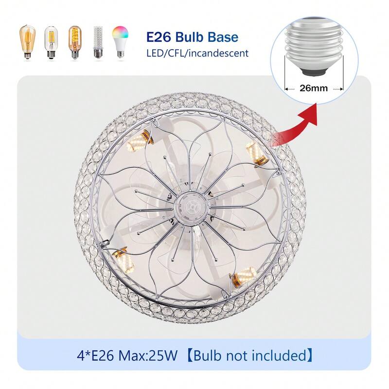 20'' Modern Flush Mount Crystal Ceiling Fans with Remote, 6 Speeds DC Motor Reversible Chandelier Ceiling Fan For Bedroom