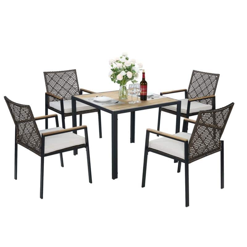 All Weather 5-Piece Patio Dining Table Set, Acacia Wood Top with Umbrella Hole, Rattan Outdoor Conversation Set - Coffee Brown