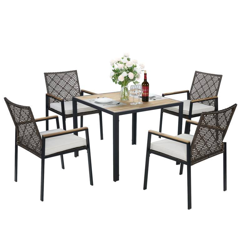 All Weather 5-Piece Patio Dining Table Sets, Patio Conversation Set Acacia Wood Table Top with Umbrella Hole, Rattan Outdoor