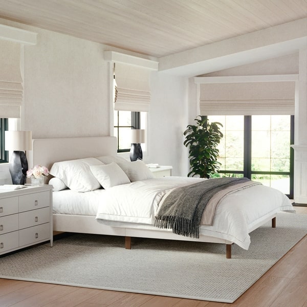 Martha Stewart Upholstered Platform Bed with Piped Detail Headboard - Beige Fabric/Walnut Legs - King