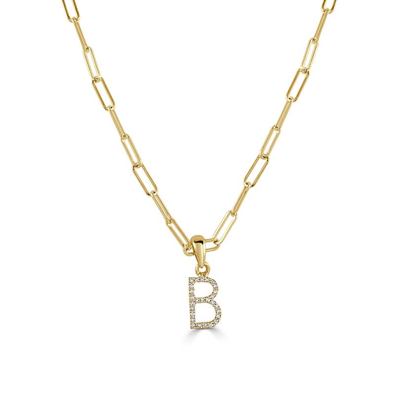 Joelle Collection Diamond Initial Letter Necklace Paperclip 14K Gold 16-inch Chain 1/10 TDW Necklace - B - Yellow