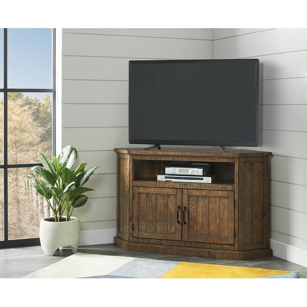 The Gray Barn Danebury Rustic 50 Inch Solid Wood Corner TV Stand Black with Driftwood Top