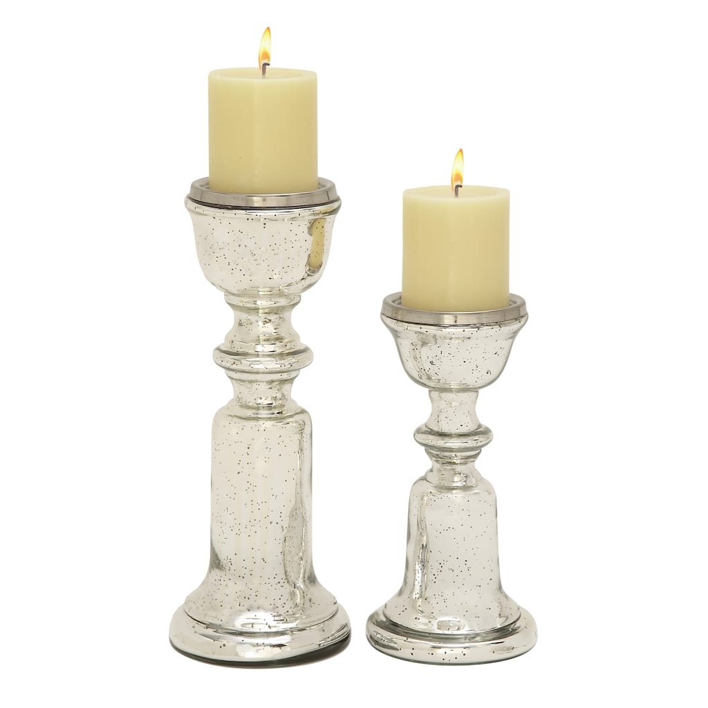 Glass Handmade Turned Style Pillar Candle Holder - Set of 2 Silver - Roche River Decor - 5"W x 5"L x 12"H