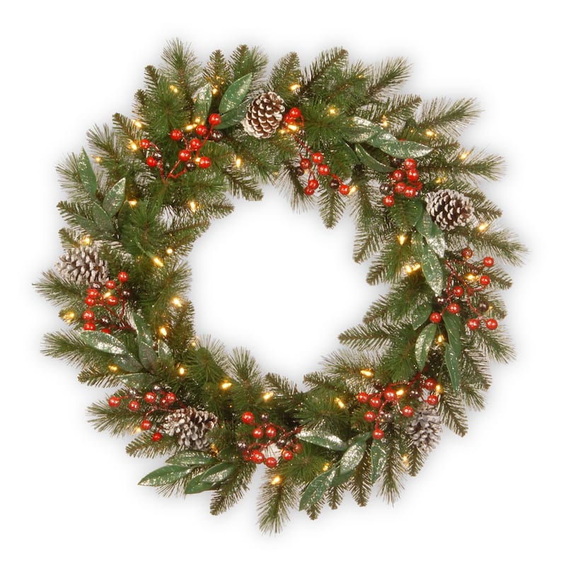 National Tree Company 2 ft. Frosted Pine Berry Wreath with Battery Operated Lights - 2 ft