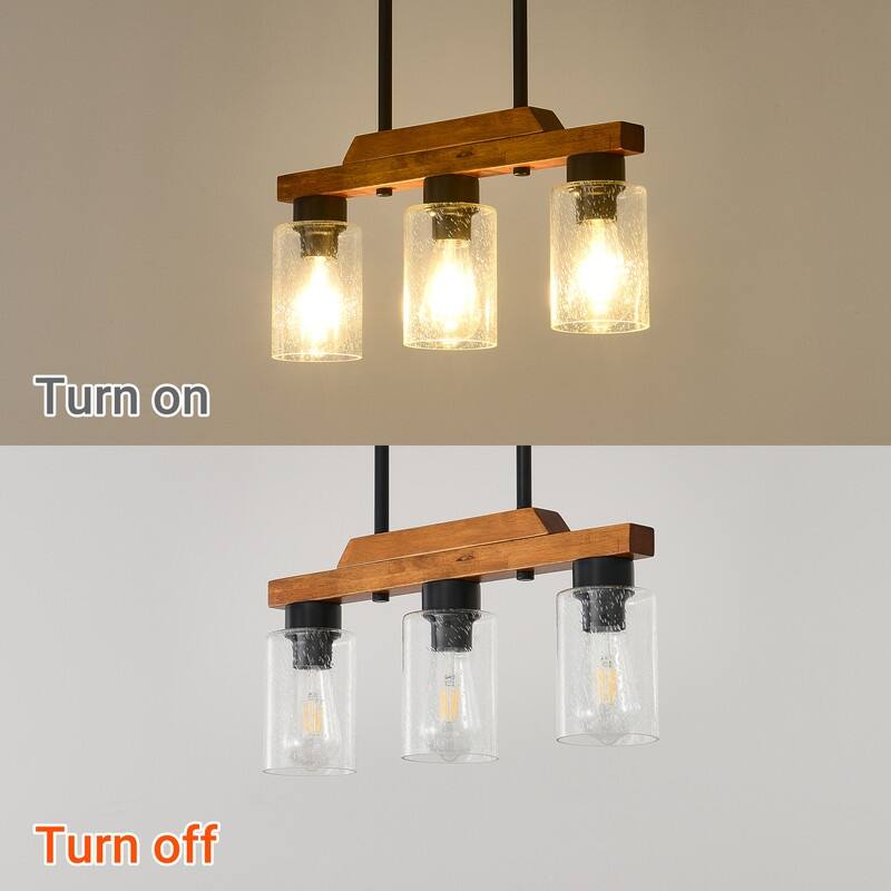 Farmhouse Chandelier for Dining Room Kitchen Island Rustic Wood Linear Pendant Light with Seed Glass Shade