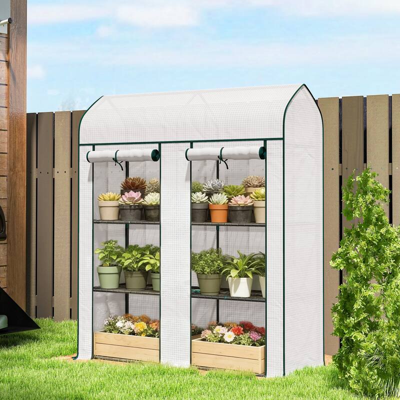Outsunny 3 Tier Mini Greenhouse, 56.3" x 18.1" x 65" Small Portable Greenhouse with 2 Roll-up Doors - Mini