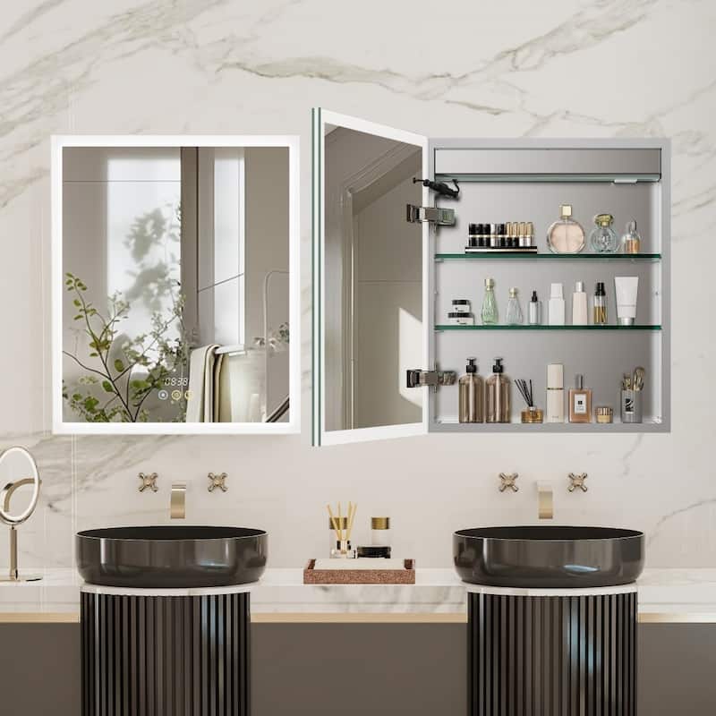 Illuminated LED Wall Mirrored Bathroom Storage Medicine Cabinet with Shaver Socket Bluetooth Anti-Fog Lighted Mirror Cabinet