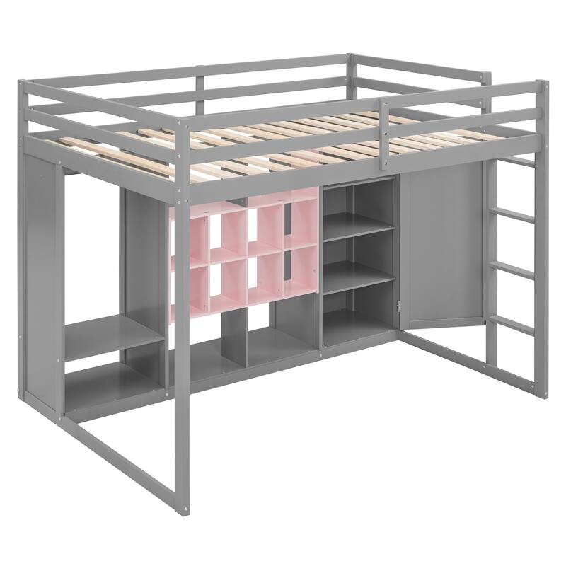 Full Size Wood Loft Bed with Wardrobe Shelves and Cabinet Storage