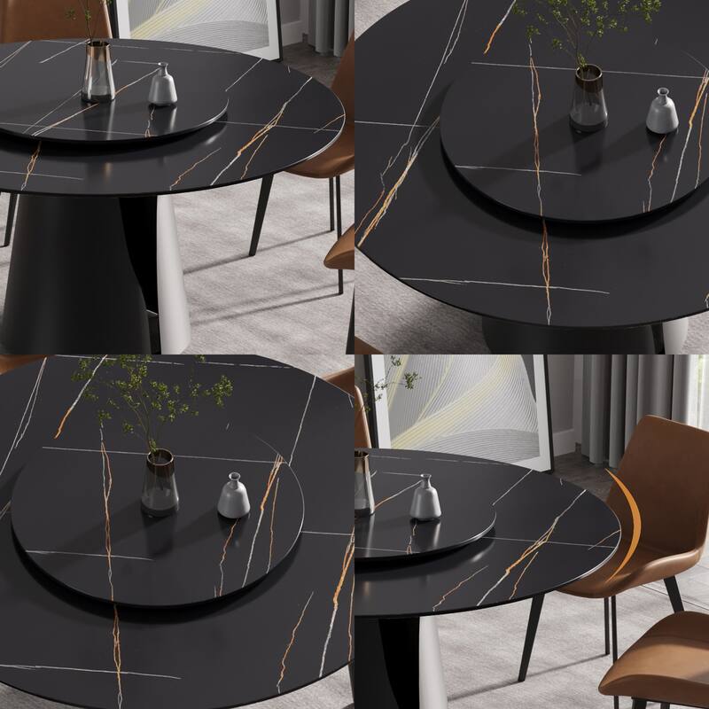 59.05"Modern artificial stone round carbon steel base dining table-can accommodate 6 people-31.5"black artificial stone