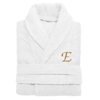 Authentic Hotel and Spa White with Gold Monogrammed Herringbone Weave Unisex Bath Robe