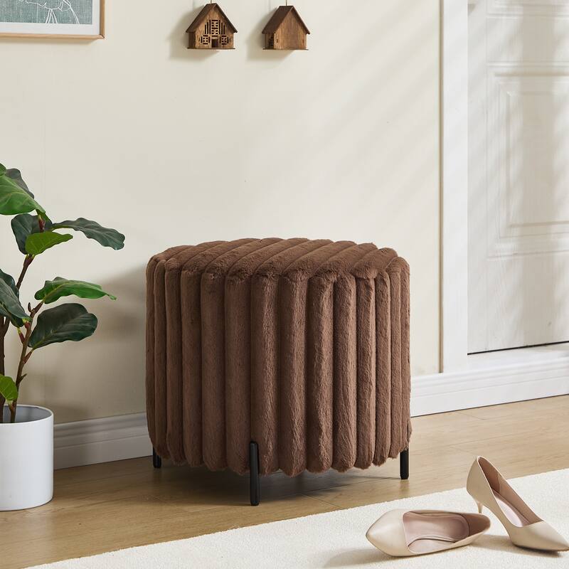 22.05"Wide Upholstered Round Pouf Ottoman Foot Rest With Black Metal Legs,Faux Fur Footstool - Brown