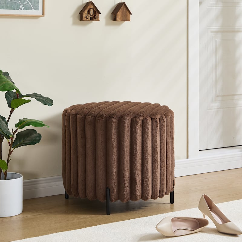 22.05"Wide Upholstered Round Pouf Ottoman Foot Rest with Black Metal Legs,Faux Fur Footstool - Brown
