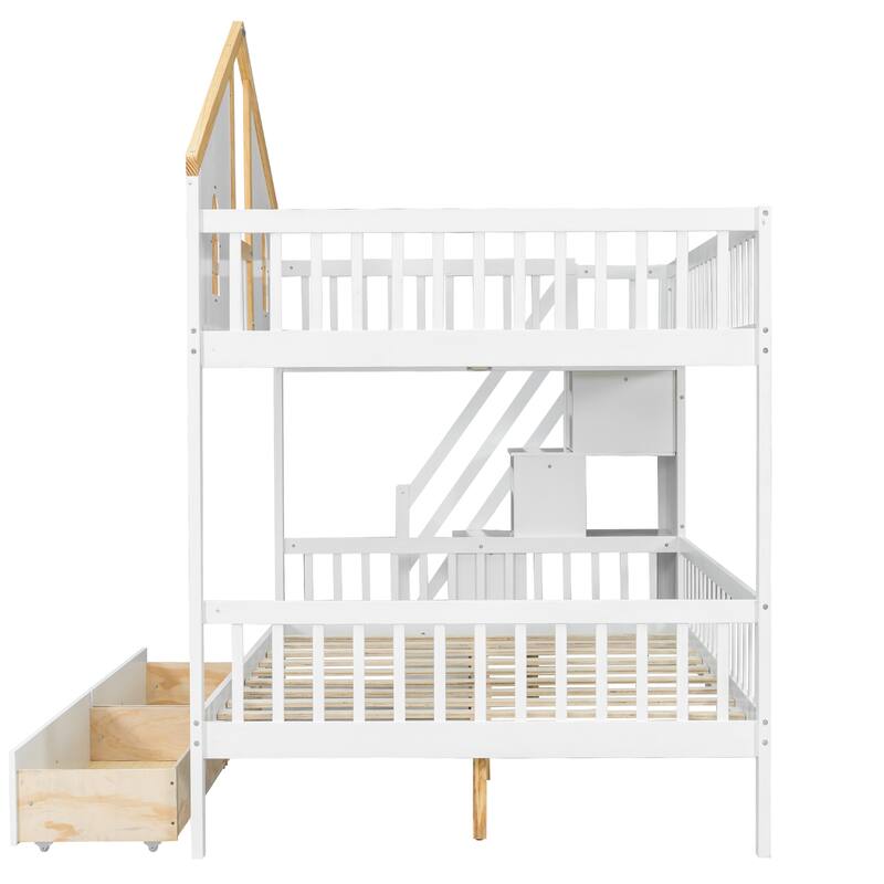 Fairytale Bunk Bed with Window Door House-shaped Roof Frame and Storage Staircase, Optional with Storage Drawers or Trundle Bed