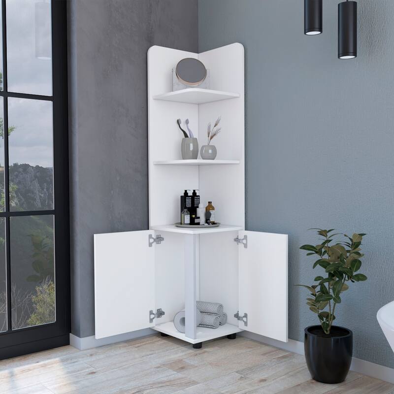 Sunriver Corner Shelf with Cabinet, 3-Tier Shelf, Metal Handles