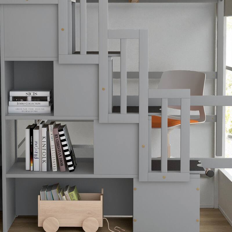 Full Size Wooden Loft Bed with Desk, Storage Shelves, and Staircase, Solid Pine Frame with Guardrails