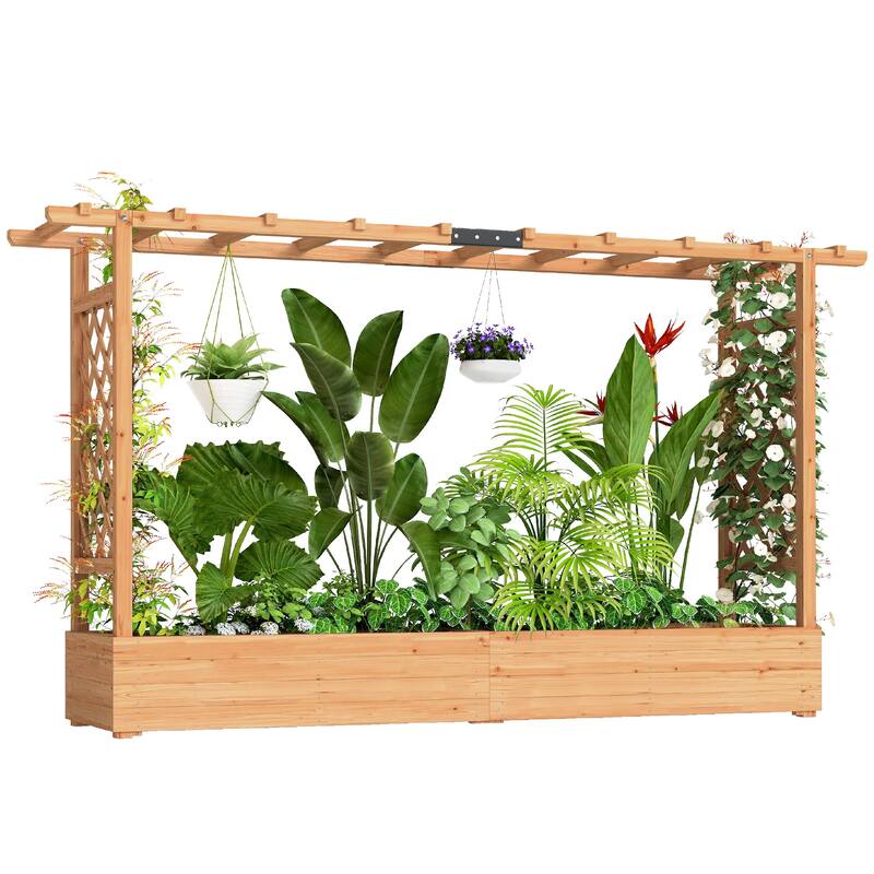 Outsunny Raised Garden Bed with Trellis, Wooden Planter Box with Hanging Roof and Drainage Holes,78.7" x 17.3" x 44.7"