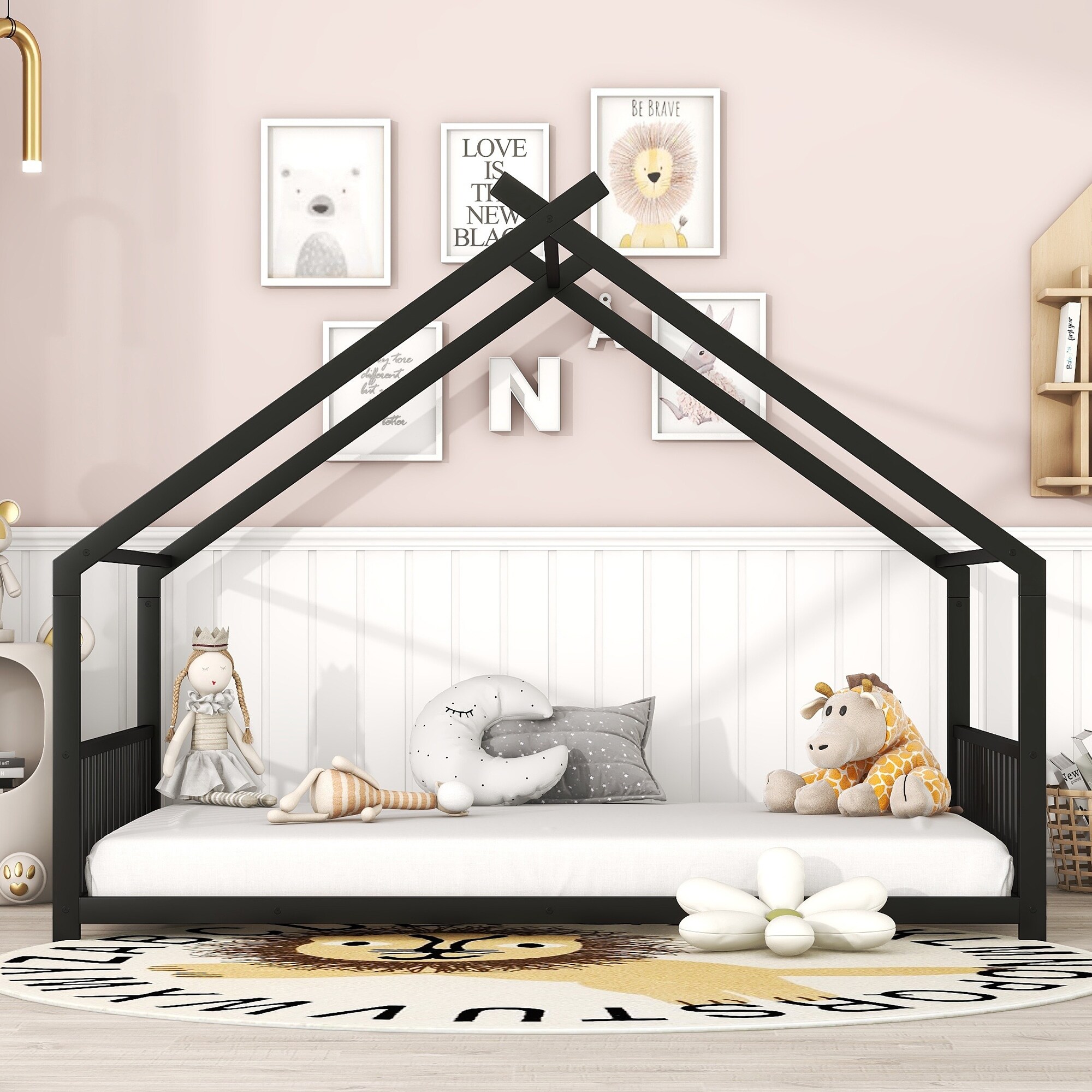 house on the hill baby Ballet柄　80cm Full House Bed with Roof, Slats, and Semi-Enclosed Design
