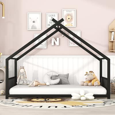 Full Size Metal House Bed with Roof Design, Sturdy Frame, No Box Spring Needed