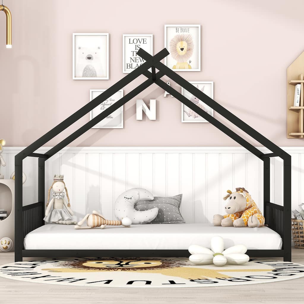 Kids Playhouse Bed Frame, Metal House Bed, Semi-Enclosed Floor Bed Panel Bed with Roof