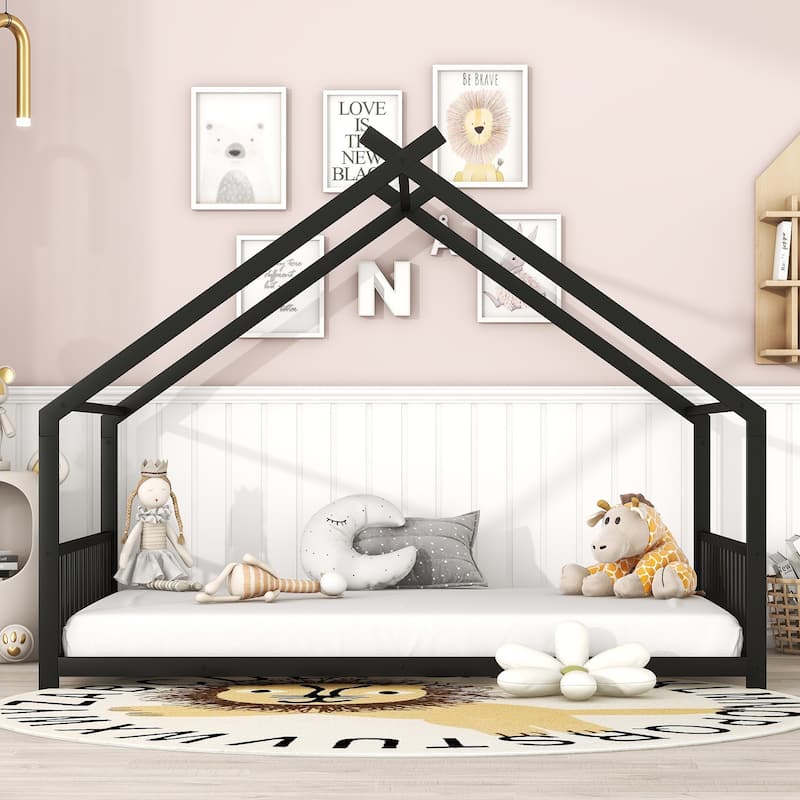 Metal House Bed with Roof, Fence, and Back