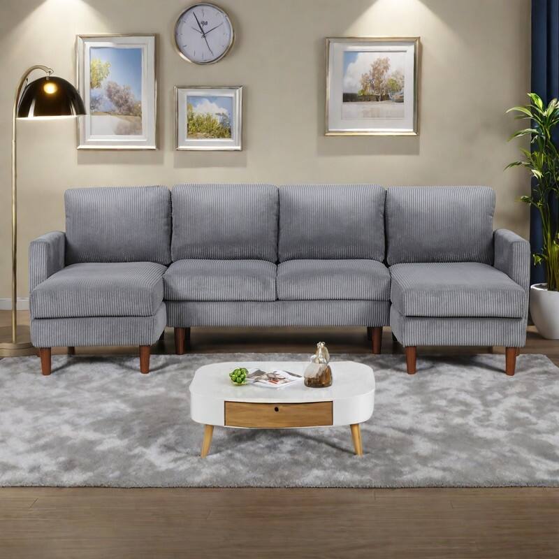 103" Polyester U-Shaped Sectional Sofa with Sponge-Filled Cushions and Solid Wood Legs - Gray