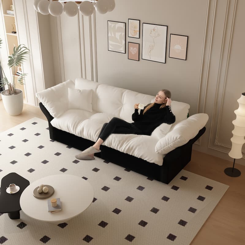 74.8" Queen Pull Velvet Out Sofa Bed, 3-in-1 Convertible Sleeper Tufted Sofa with 2 Soft Pillows-White