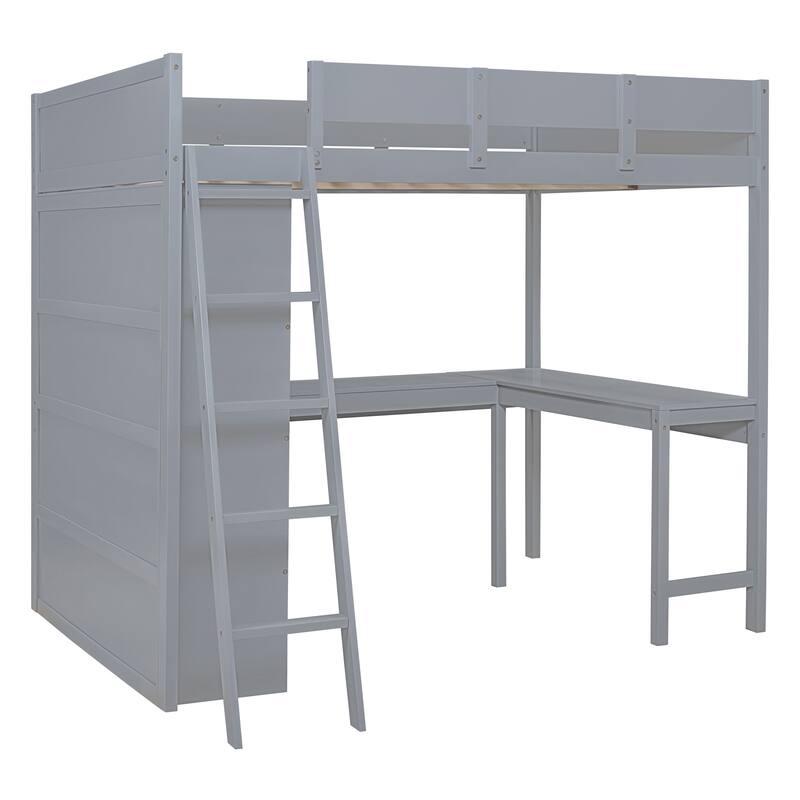 Full Size Loft Bed with Desk and Shelf in Gray and White