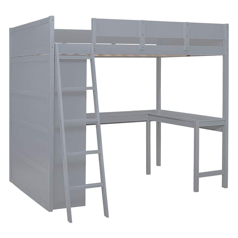 Gray Full Solid Wood Loft Bed with Desk & Shelf