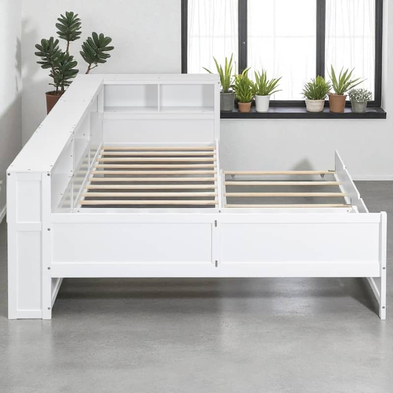Twin Size L-Shaped Platform Bed with Trundle, Storage Drawer, Shelves, USB Charging Station, Solid Wood Frame