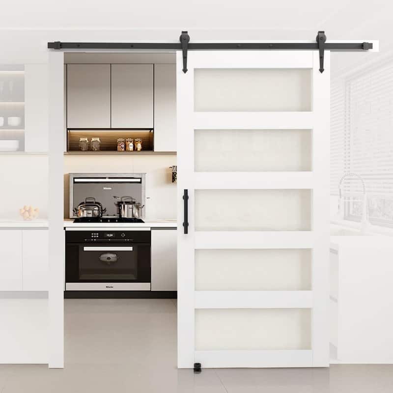White MDF Sliding Barn Door with Frosted Glass for Bathroom and Kitchen