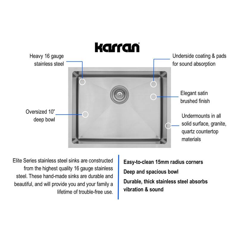 Karran 23" Undermount Single Bowl Stainless Steel Kitchen Sink Kit