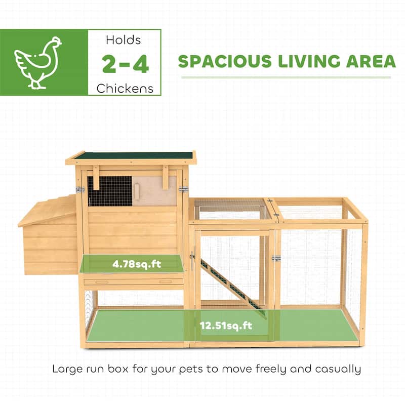 Wooden Chicken Coop with Outer Run, Nesting Box and Roosting Poles - 74.8" L x 31.9" W x 40.6" H