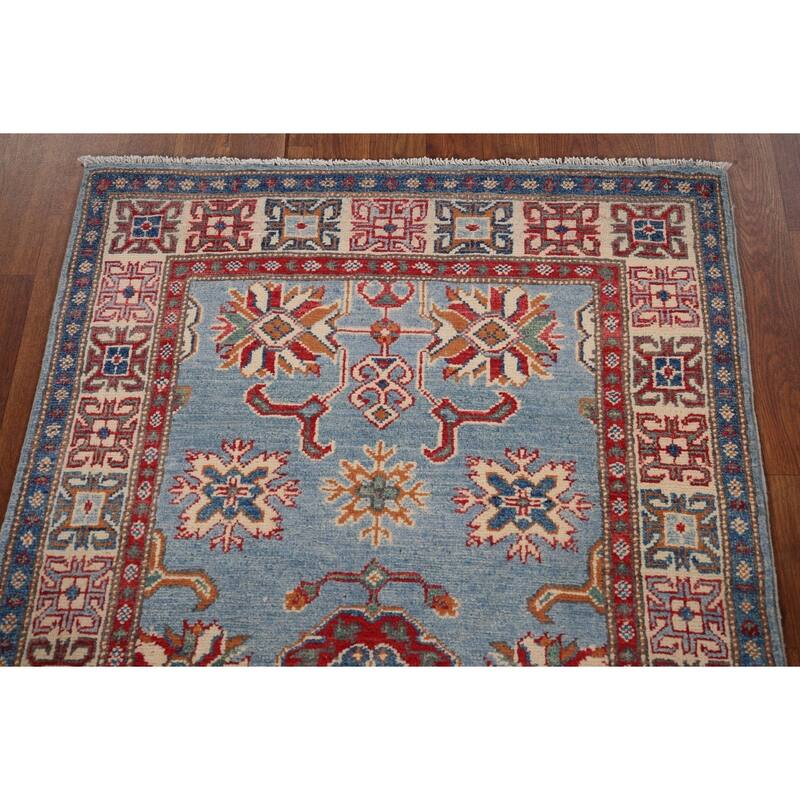 Light Blue Geometric Kazak Accent Rug Hand-Knotted Wool Carpet - 2'11" x 4'11"