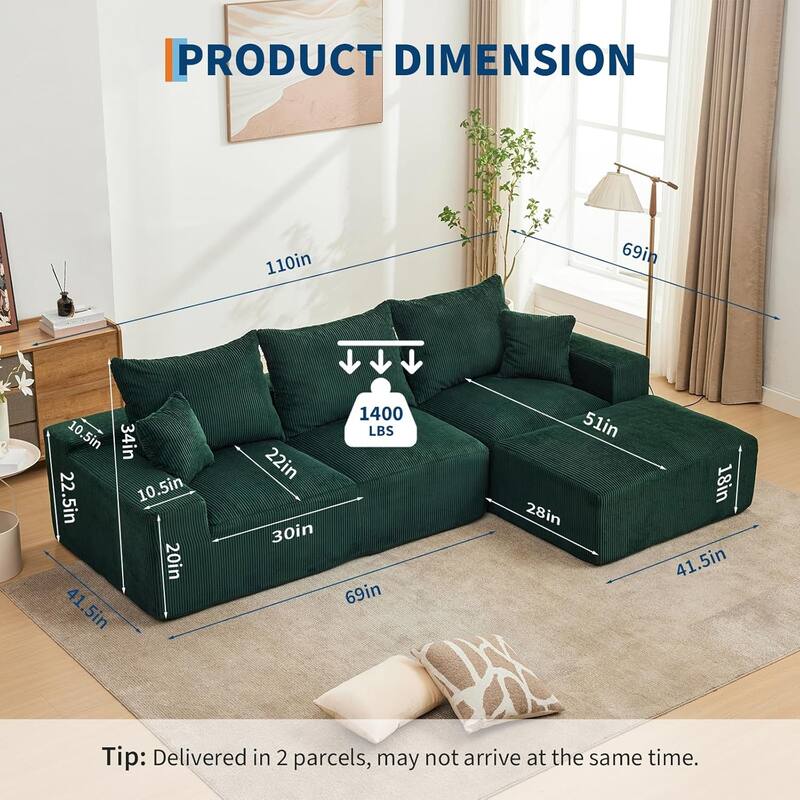 110" Oversized L-Shaped Sectional Sofa with Right Chaise, Cloud Couch with Corduroy & Memory Foam