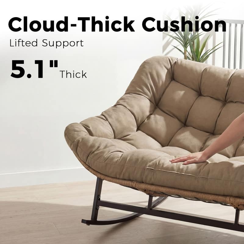 60" Double Papasan Rocking Chair for 2, 700-lb Capacity Wicker Egg Rocker with 5.1" Thick Cushion