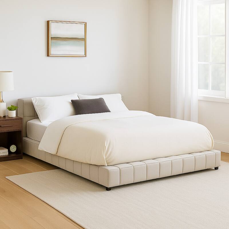 Jimo Full Platform Bed, Grid Tufted Frame, Taupe Brown Upholstery