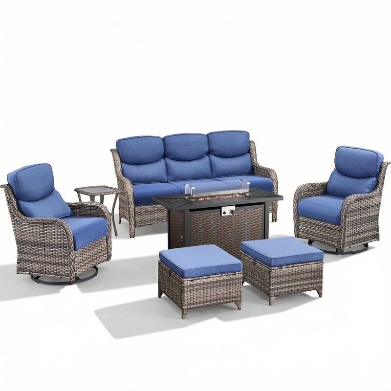 Pocassy Patio Sofa Swivel Chair Set with 43" Fire Pit Table