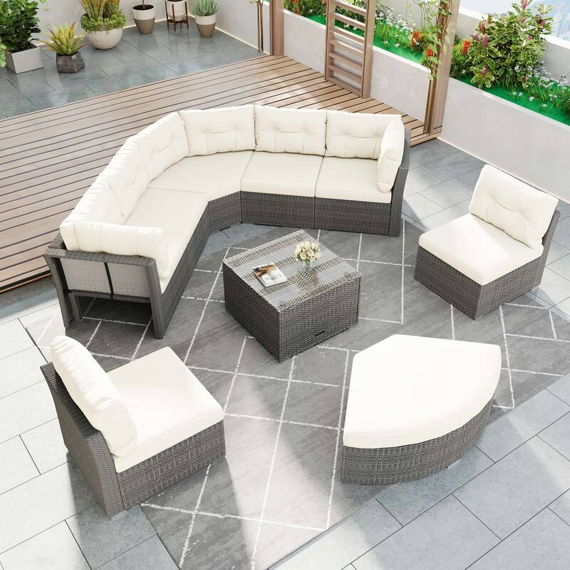Outdoor Wicker Curved Daybed Sectional Sofa Set with Storage Table