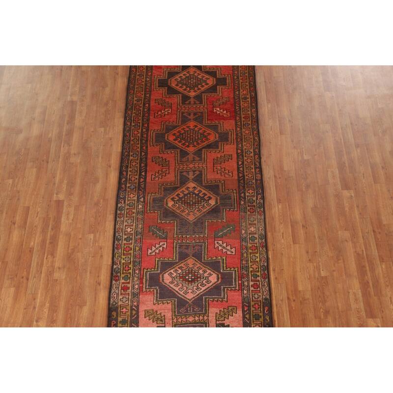 Hamedan Persian Vintage Runner Rug Handmade Wool Carpet - 3'8"x 9'5"