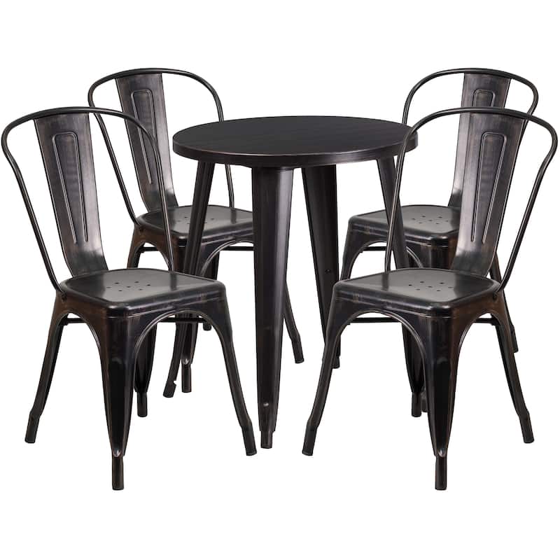24'' Round Metal Indoor-Outdoor Table Set with 4 Cafe Chairs - Black-Antique Gold