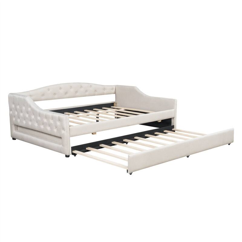 Full XL Size Daybed with LED Belt and Trundle, Upholstered Daybed Frame Sofa Bed with Button Tufted Design and Slats Support